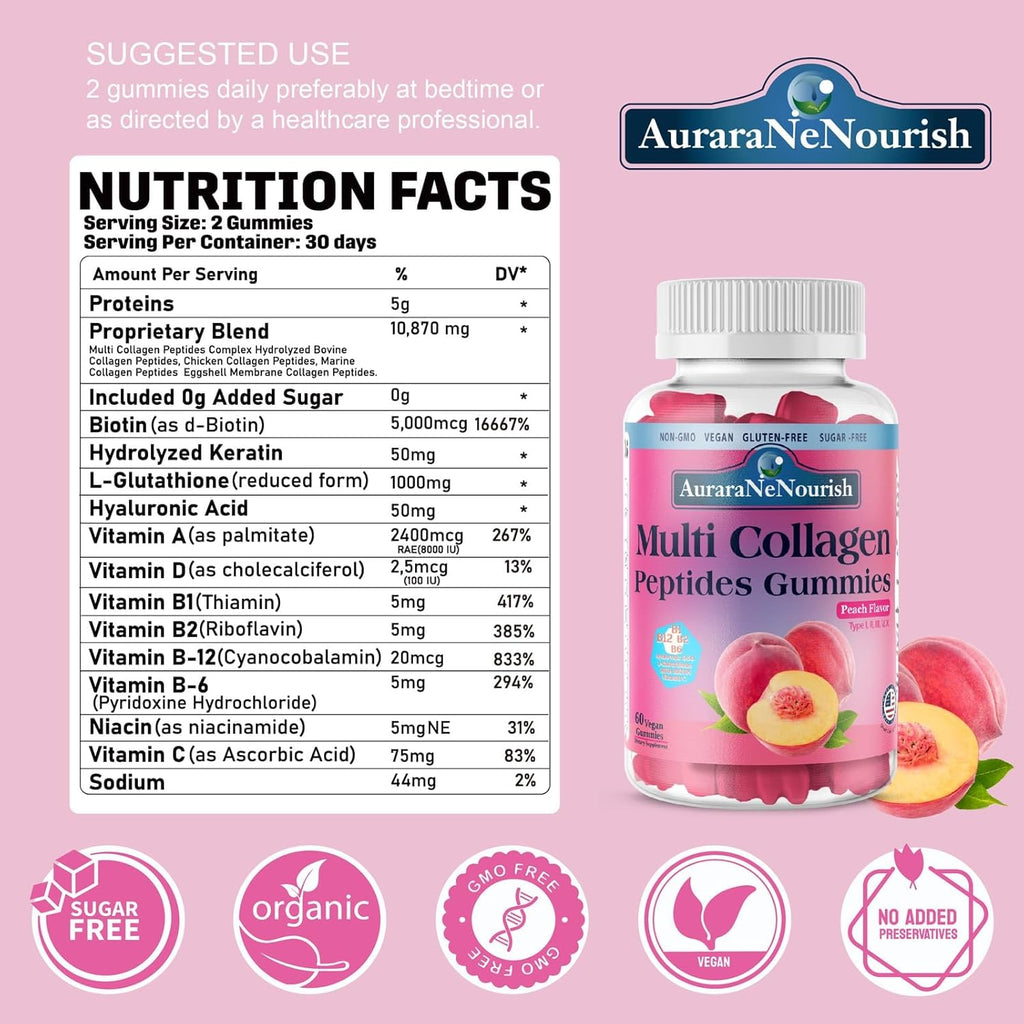 2 Pack Multi Collagen Peptides Gummies, Sugar Free Hydrolyzed 5000mg Protein丨Type I,II,III,V,X with Biotin Hyaluronic Acid Vitamin C A D B6 B12 L-Glutathione for Skin Hair Nail & Joint -Peach