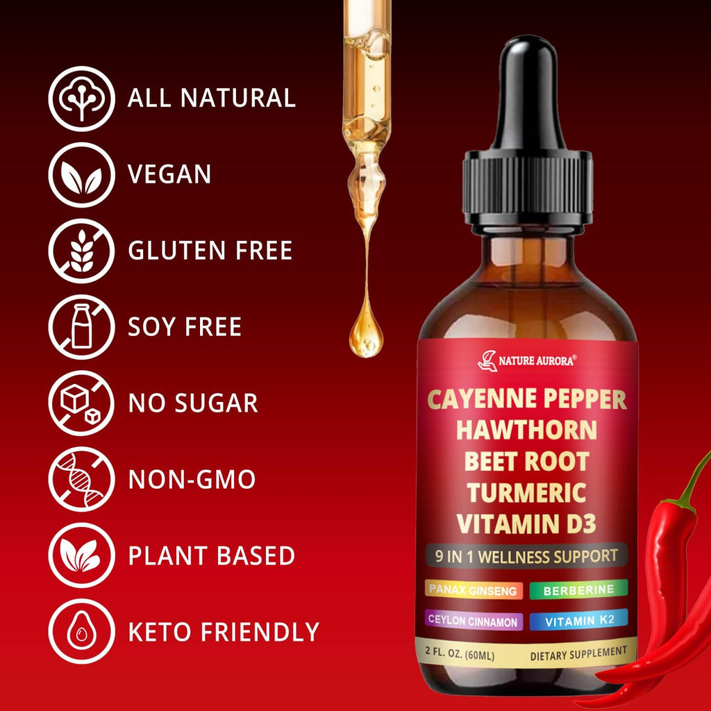 9 in1 Cayenne Pepper Liquid Drops - Cayenne Pepper Extract Drops Supplement Liquid + Hawthorn Berry, Beetroot, Turmeric, Vitamin K2 & D3 - Digestion, Immune and Circulation Support - 2 Fl Oz