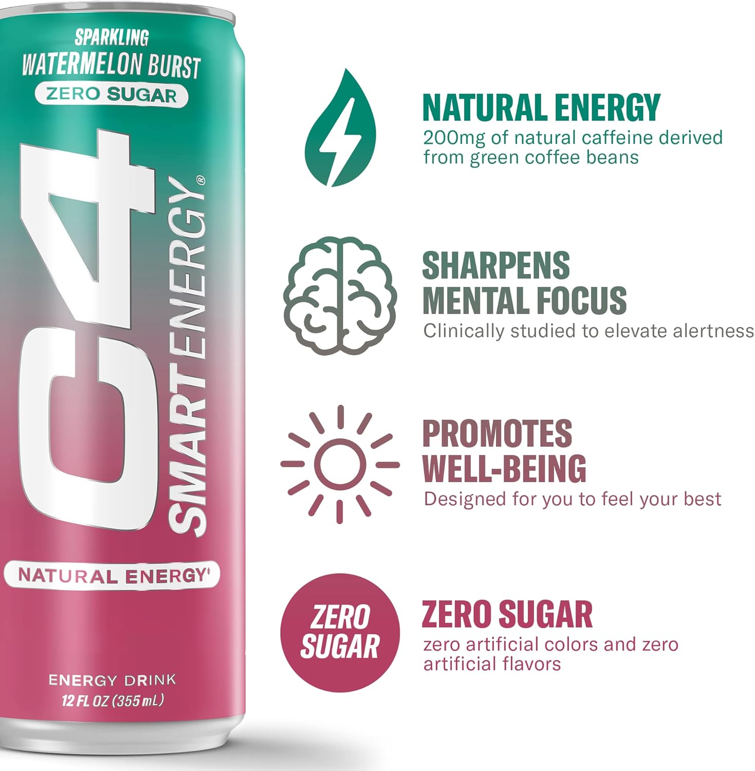 Cellucor C4 Smart Energy Drink ‚ Boost Focus and Energy with Zero Sugar, Natural Energy, and Nootropics - 200mg Caffeine - Watermelon Burst (12oz Pack of 12)