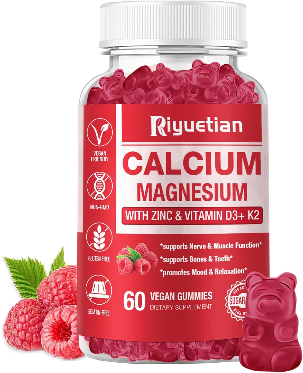 Calcium Gummies + Magnesium & Zinc with Vitamin D3 & K2, High Absorption Calcium Supplement for Bone, Teeth & Immune Support, Non GMO, Vegan, 60 Count