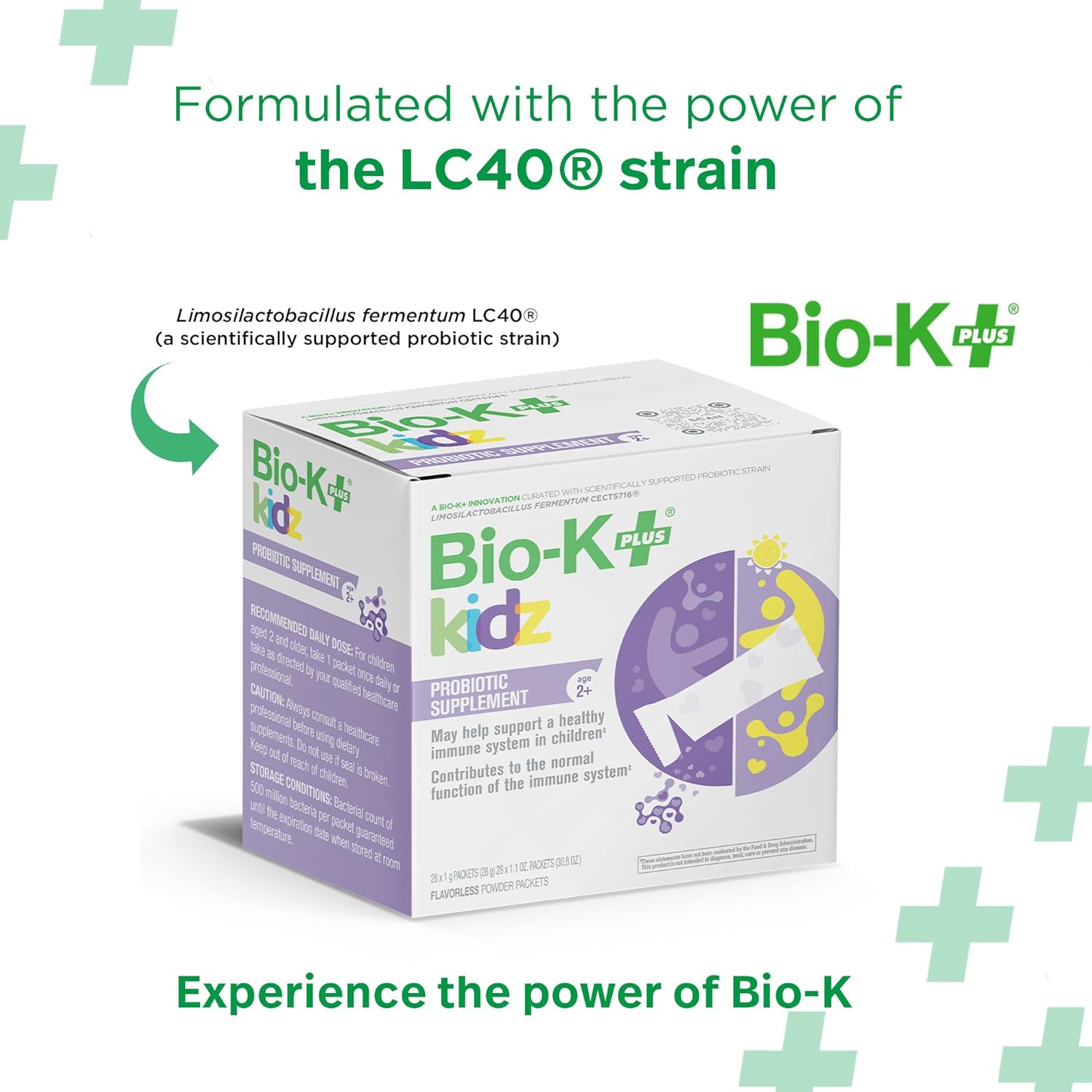 Bio K+ Daily Probiotic for Kids, Probiotic Powder with Limosilactobacillus fermentum LC40® and Vitamin D3, Shelf-Stable, Non GMO, Gluten Free - 28 Single-Serve Packets