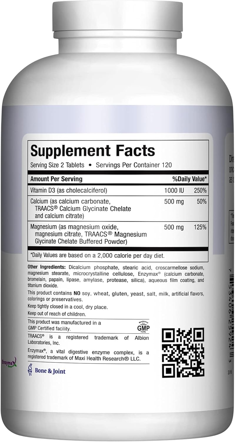 Maxi Health 500 mg Calcium Supplement with Vitamin D3 (1000 IU) and Magnesium (500 mg) - Bone, Teeth and Joint Support for Men and Women - 240 Tablets