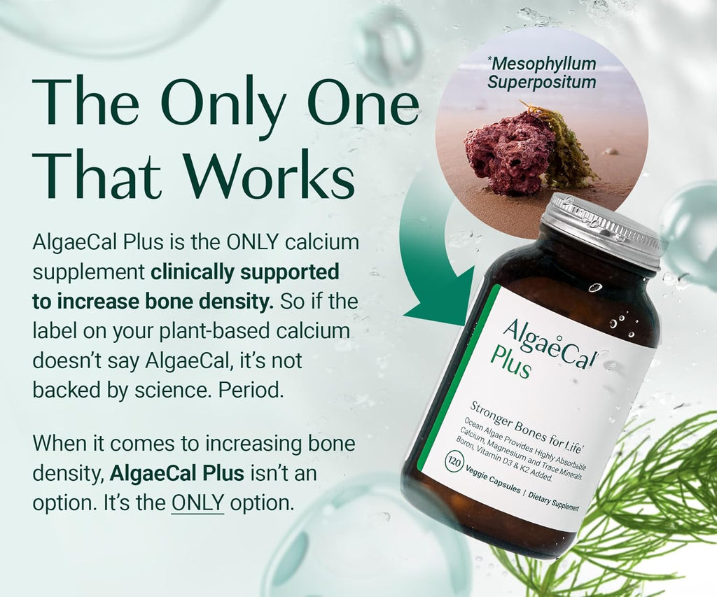 ALGAECAL Organic Red Algae Calcium Supplement for Bone Density & Strength, Vitamin K2 MK7 (100mg), Vitamin D3 (1600 IU), Magnesium (350mg) & Trace Minerals, Easy to Swallow, 120 Veggie Caps