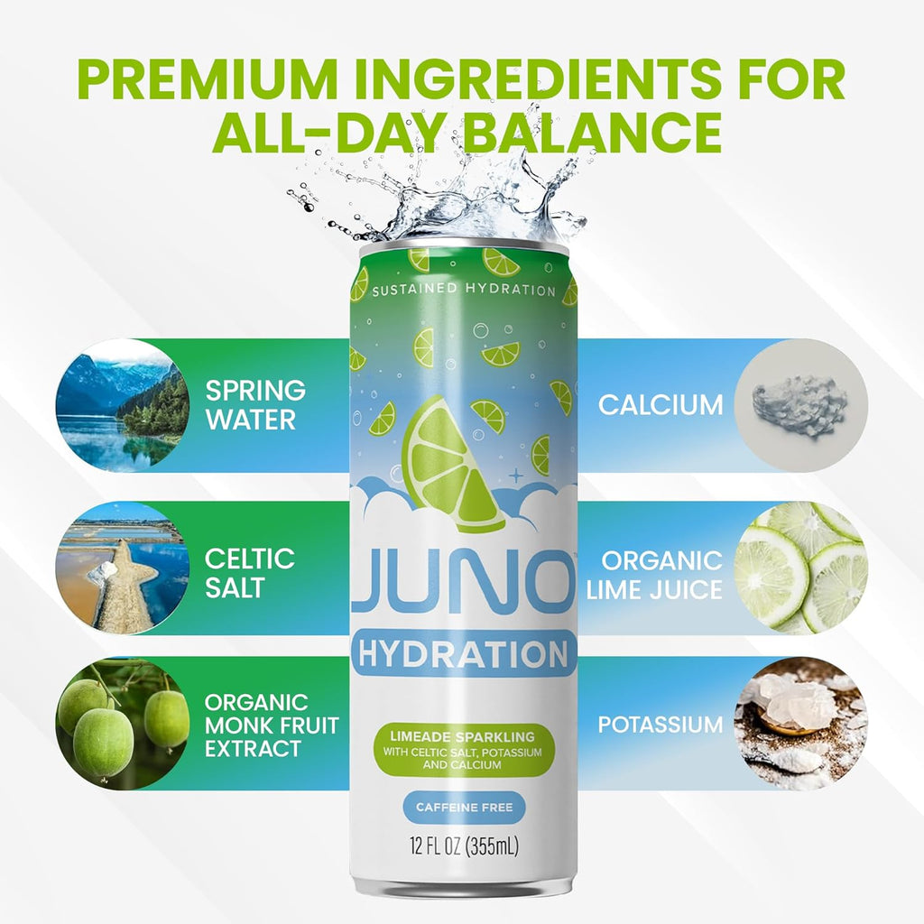 JUNO HYDRATION Drink Limeade Sparkling - Sugar Free Electrolytes, Organic Monk Fruit & Organic Lime Juice, Hydrating with Celtic Salt, Potassium, Calcium - Premium Beverage, 12 Pack