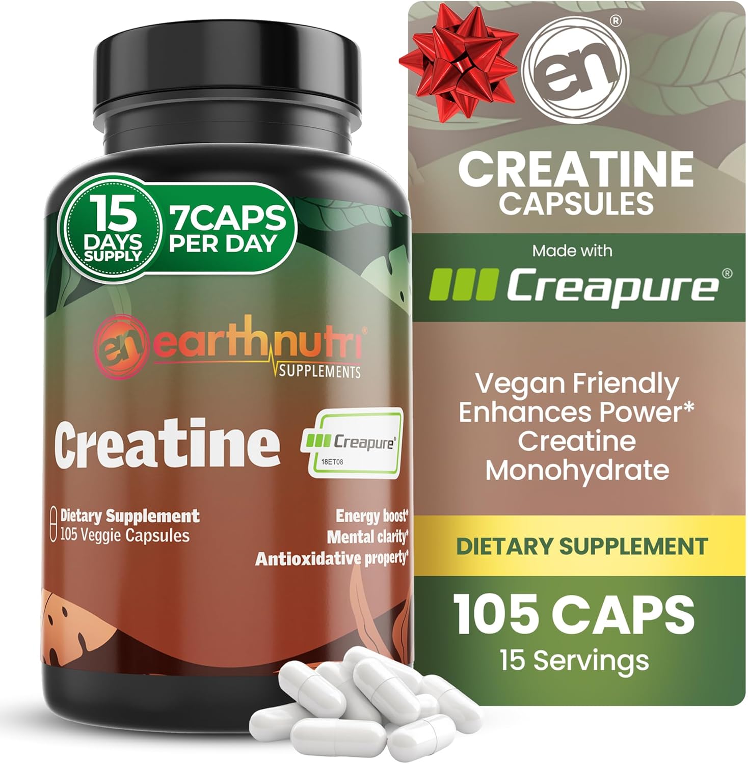 EarthNutri Creatine Monohydrate Capsules - Micronized for Better Absorption - Supports Muscle Strength, Strength & Recovery - 105 Capsules (5000mg per Serving, 7 Capsules)