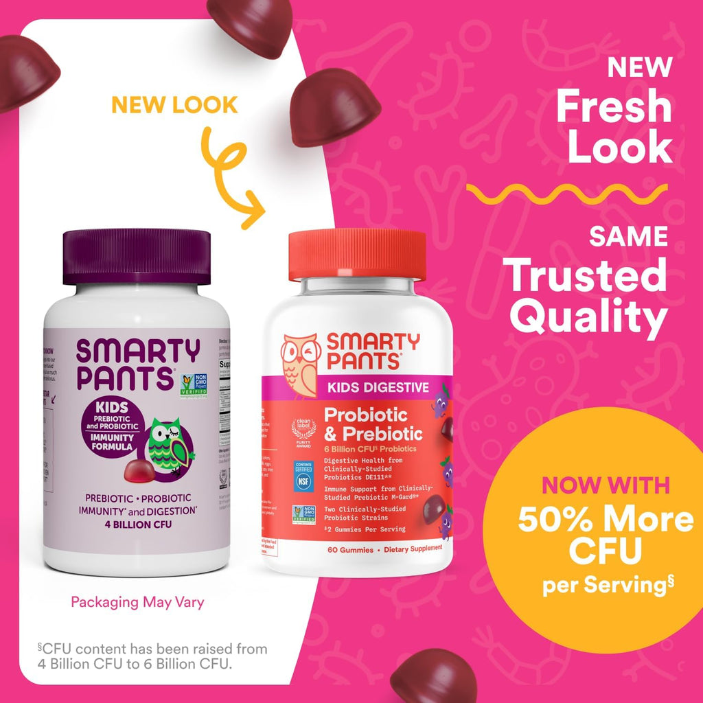 SmartyPants Kids Probiotic & Prebiotic Gummies for Digestive Health: Gut Health Supplement, Clinically Studied Prebiotic for Immune Support, Grape, 60 Count (30 Day Supply)