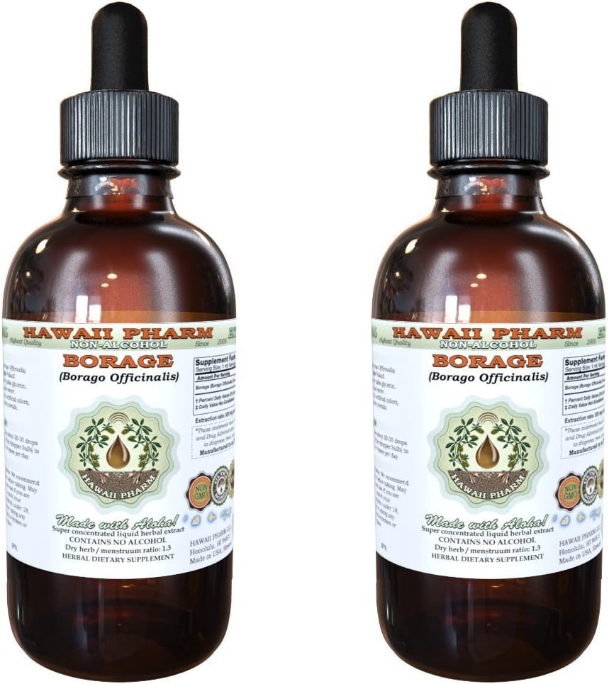 Borage Alcohol-Free Liquid Extract, Borage (Borago Officinalis) Dried Flower and Herb Glycerite Hawaii Pharm Natural Herbal Supplement 2x4 oz