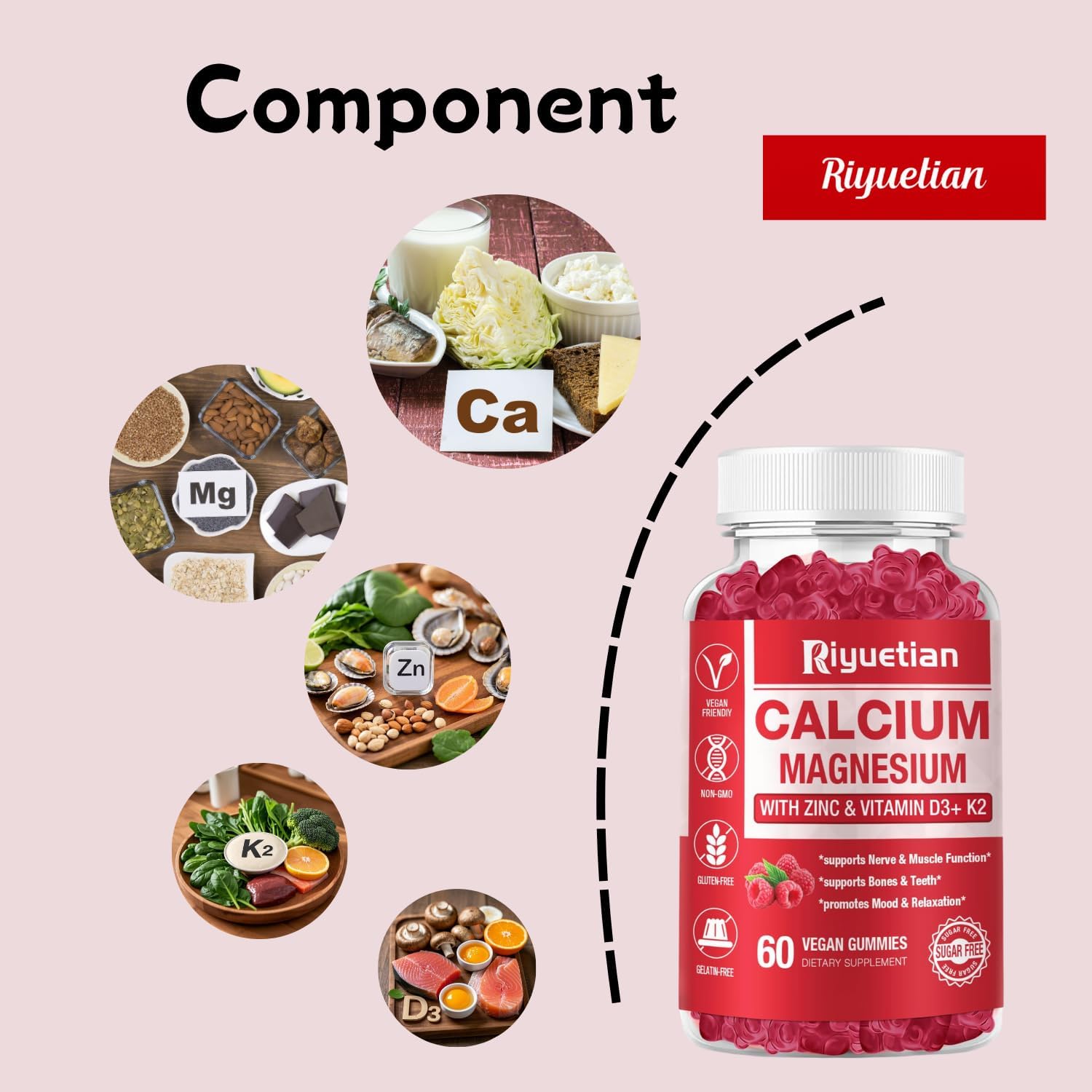 Calcium Gummies + Magnesium & Zinc with Vitamin D3 & K2, High Absorption Calcium Supplement for Bone, Teeth & Immune Support, Non GMO, Vegan, 60 Count