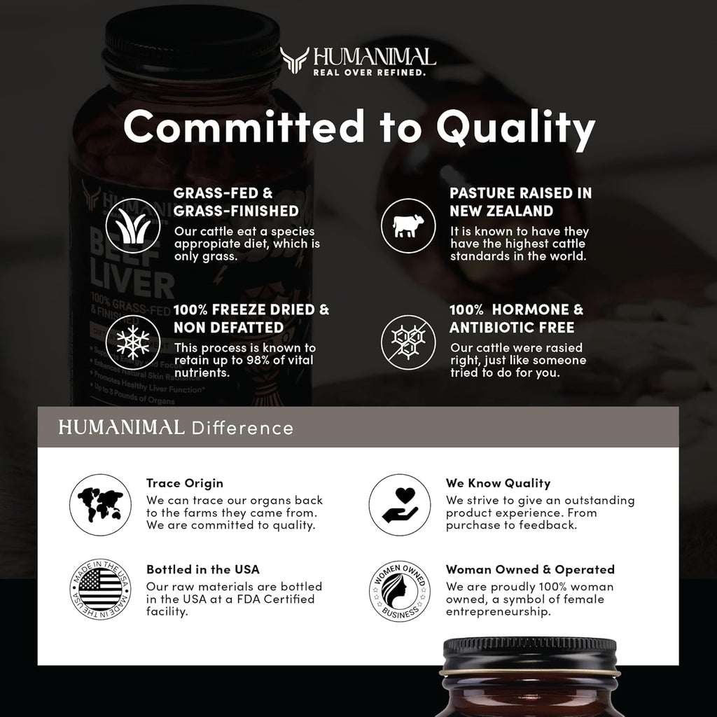Humanimal Beef Organ Supplement | Beef Organ Capsules | 100% Grass-Fed & Finished, Freeze-Dried | Boosts Whole Body Health | A Blend of Liver, Heart, Kidney, Pancreas & Spleen | Non-GMO, 180 Capsules