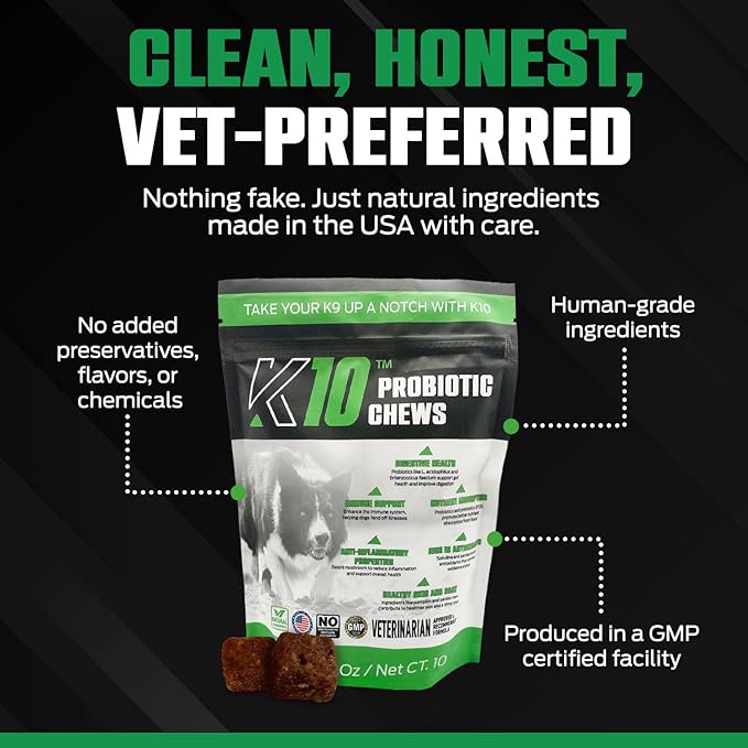 K10 Probiotic Chews for Dogs (10ct) – Advanced Digestive Support with Probiotics, Prebiotics & Superfoods – Vet-Preferred Dog Supplement for Digestion, Immunity, Skin, Coat & Everyday Vitality