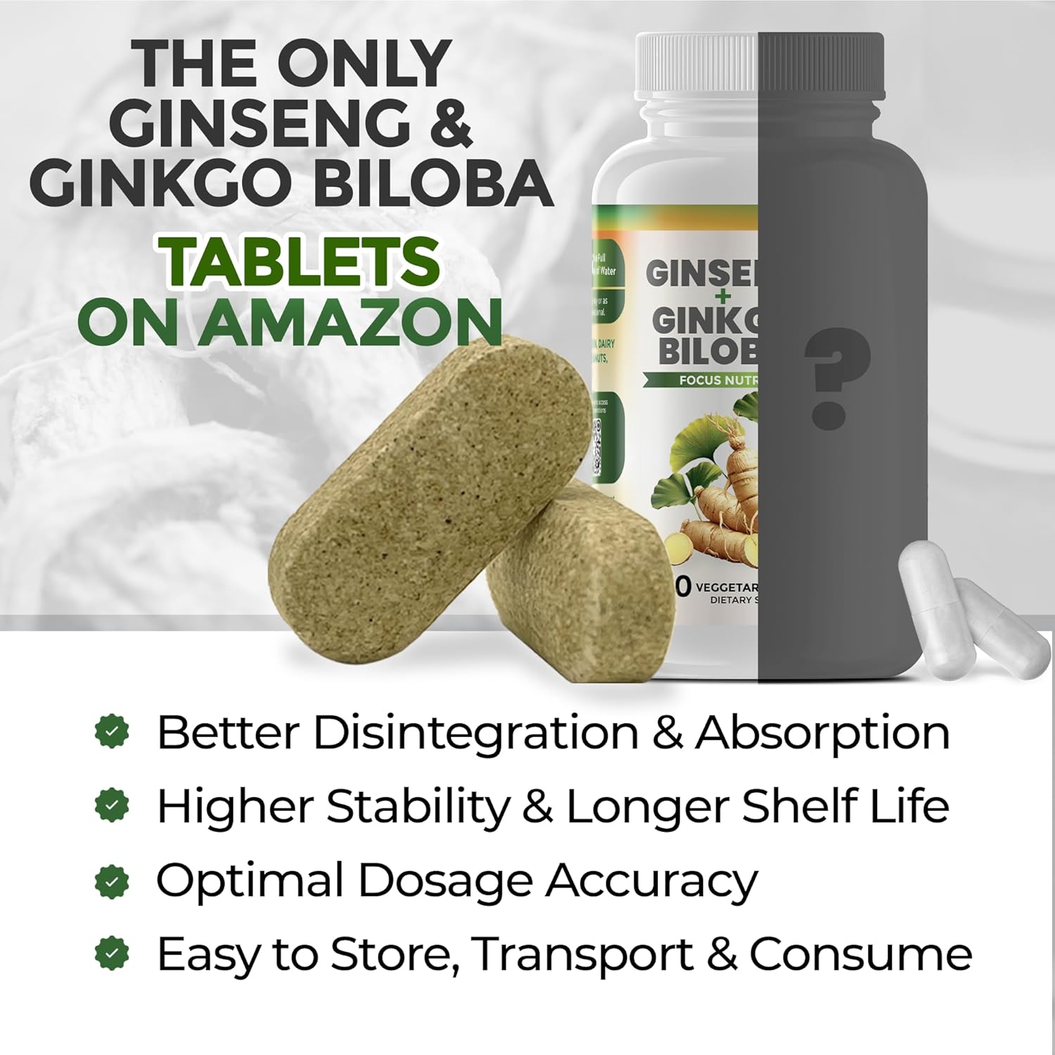 Ginko Biloba & Panax Ginseng Supplement - Red Ginseng Brain Supplement for Memory and Focus - Ginkgo Biloba Supplements for Good Vision, Immune System and Improved Blood Flow - 12 Bottles
