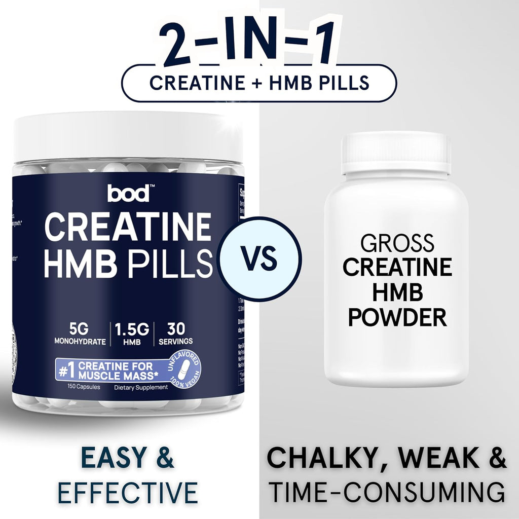BOD Creatine HMB Capsules, Creatine Monohydrate Powder with HMB for Muscle Growth, Increased Strength, Energy, and Performance - No Bloat, No Load, Unflavored, Vegan, 150 Capsules, 30 SVG