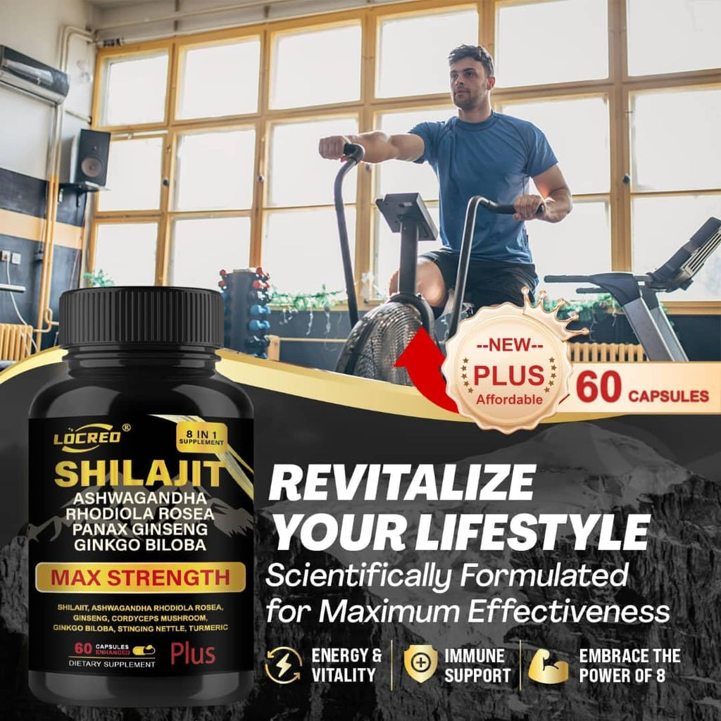 Shilajit Capsules for Men & Women, 8 in 1, with Shilajit 18000 mg, Ashwagandha, Ginseng, Ginkgo, Rhodiola, Cordiceps, Natural Energy & Stamina Supplement for Men, 60 Capsules.