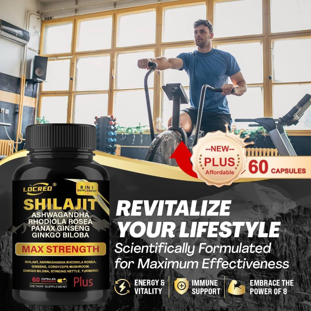 Shilajit Capsules for Men & Women, 8 in 1, with Shilajit 18000 mg, Ashwagandha, Ginseng, Ginkgo, Rhodiola, Cordiceps, Natural Energy & Stamina Supplement for Men, 60 Capsules.