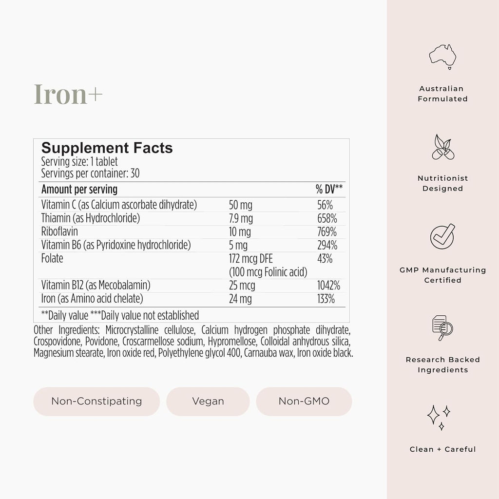 JSHealth Vitamins Iron+ Supplement for Energy Support - Iron Deficiency Pills with Vitamin C and Vitamin B12 - No Nausea - (30 Tablets)