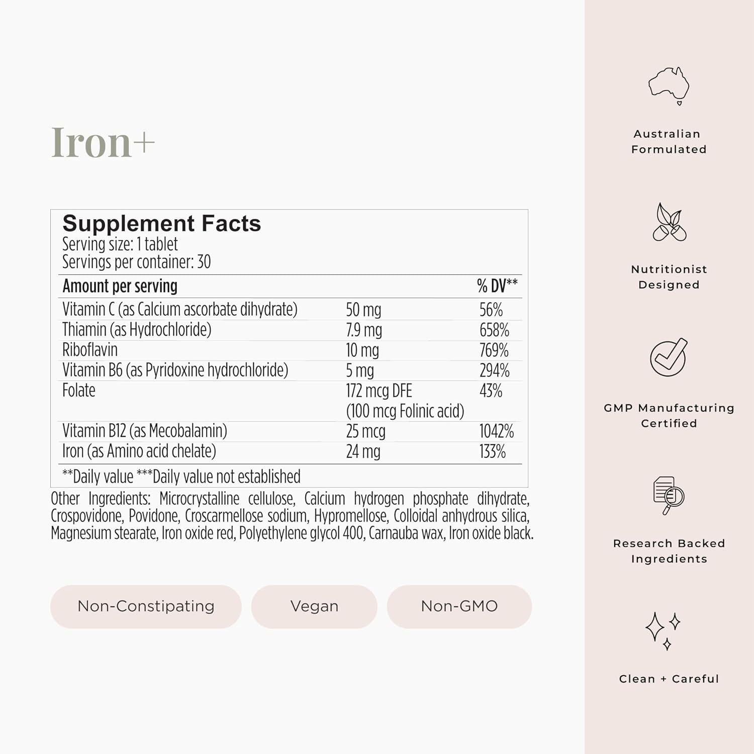 JSHealth Vitamins Iron+ Supplement for Energy Support - Iron Deficiency Pills with Vitamin C and Vitamin B12 - No Nausea - (30 Tablets)