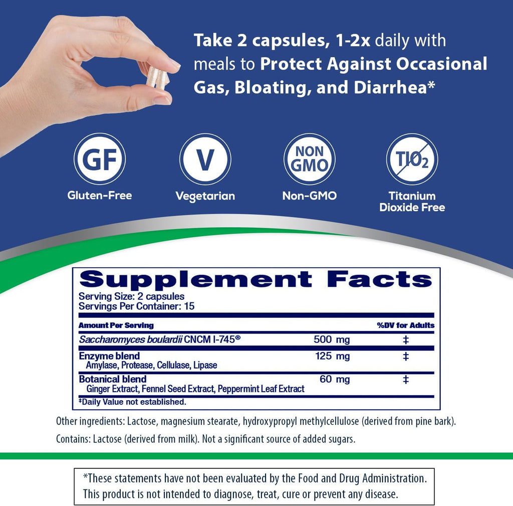 Florastor Advanced Gas and Bloat Probiotic, Digestive Enzymes and Botanicals, Plus Probiotics for Digestive Health, 30 Capsules