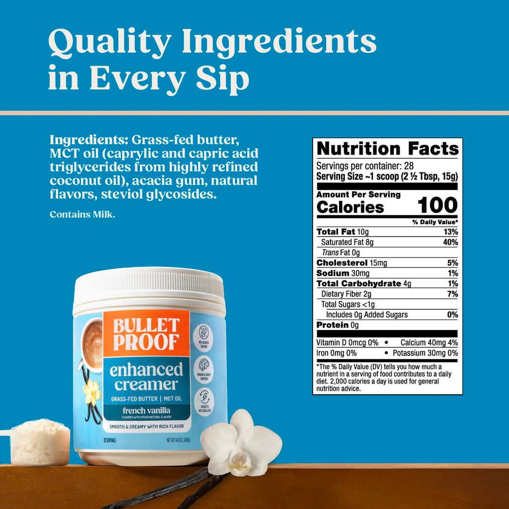 Bulletproof French Vanilla Creamer, 14.8 Ounces, Keto Coffee Creamer with MCT Oil and Grass-Fed Butter