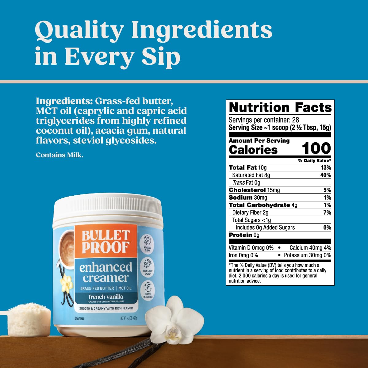 Bulletproof French Vanilla Creamer, 14.8 Ounces, Keto Coffee Creamer with MCT Oil and Grass-Fed Butter