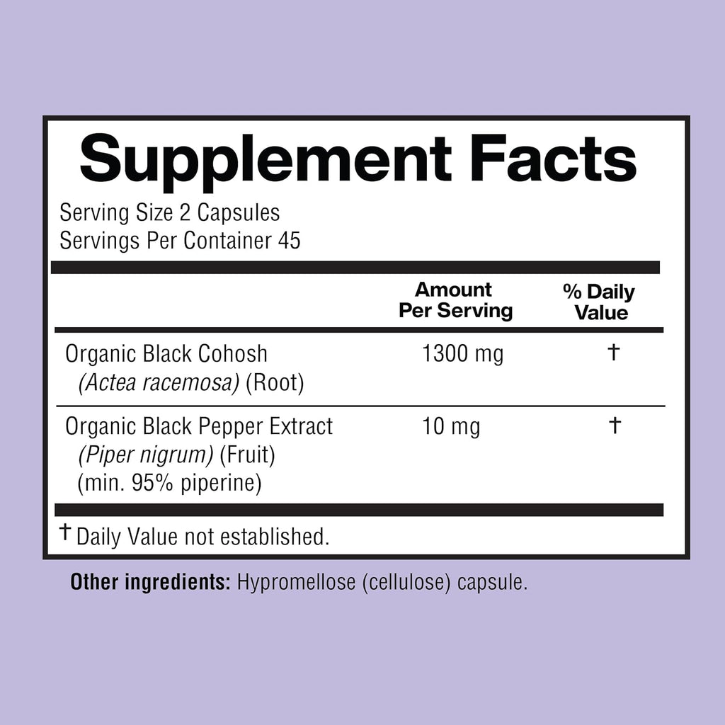 Black Cohosh Made with Organic Black Cohosh Root 1300MG per Serving, Balance Hormones, Natural Menopause & Menstrual Support, Women Health Support, 90 Vegan Capsules, 45 Servings