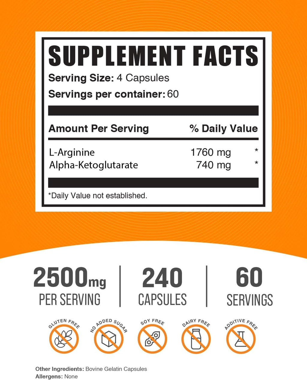 BulkSupplements.com AAKG Capsules - Arginine AKG Supplement, Nitric Oxide Supplement - Gluten Free, 4 Capsules per Serving (2500mg), 240 Count (Pack of 1)