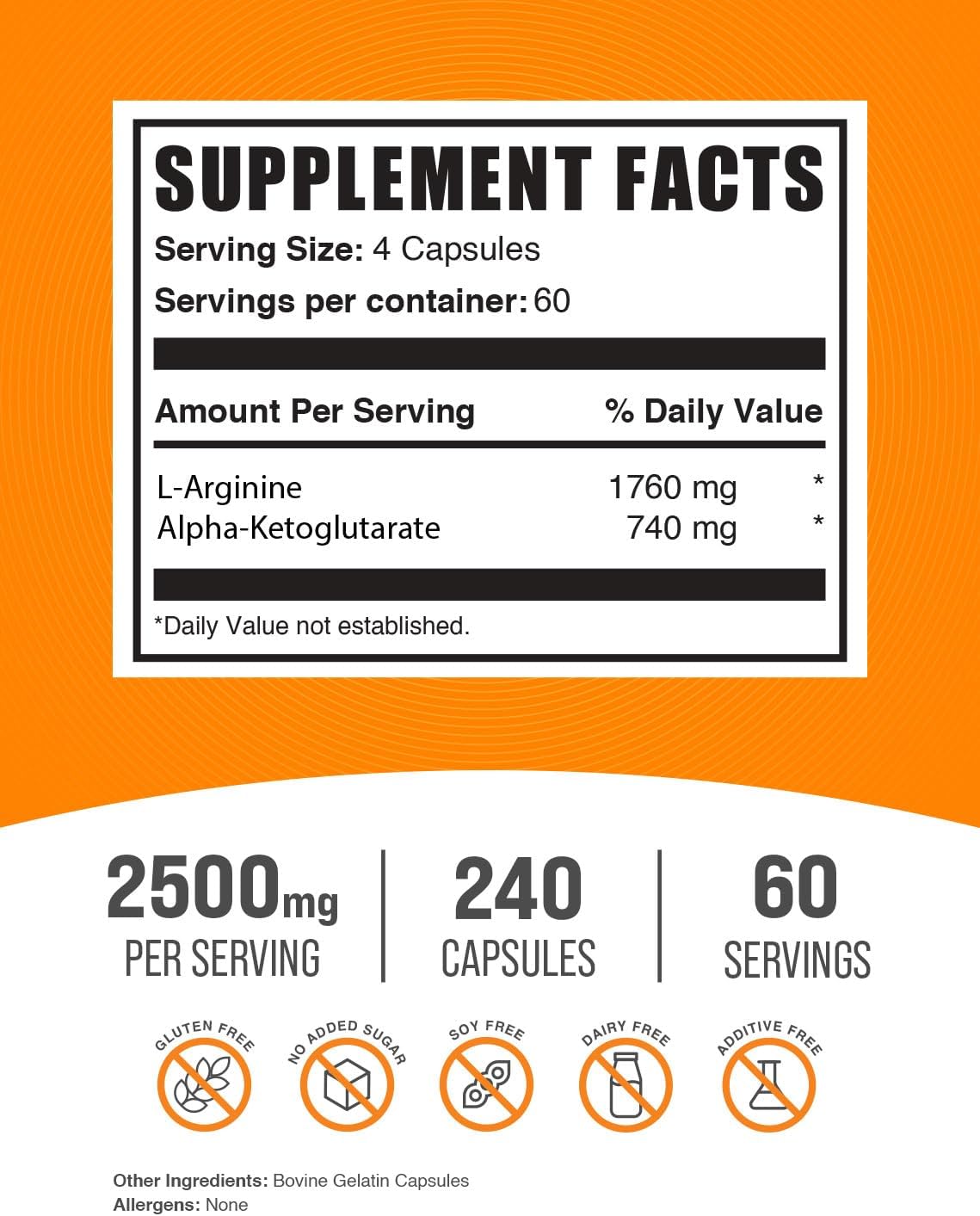 BulkSupplements.com AAKG Capsules - Arginine AKG Supplement, Nitric Oxide Supplement - Gluten Free, 4 Capsules per Serving (2500mg), 240 Count (Pack of 1)