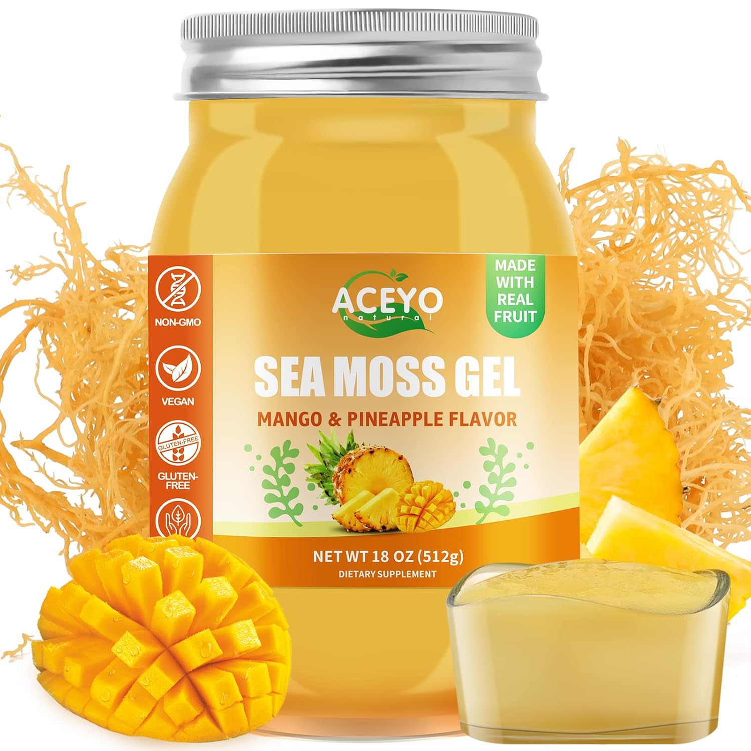 ACEYO (18 OZ) Irish Sea Moss Gel Raw Vegan Mango Pineapple Flavor 102 Vitamins and Minerals Wild Harvested Non-GMO