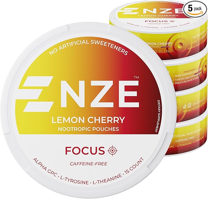NZE Caffeine Free Nootropic Pouches (Lemon Cherry) - Nootropic Pouches with Alpha GPC, L-Tyrosine & L-Theanine - No Sugar or Artificial Sweeteners - 15 Pouches Per Can - 5 Pack