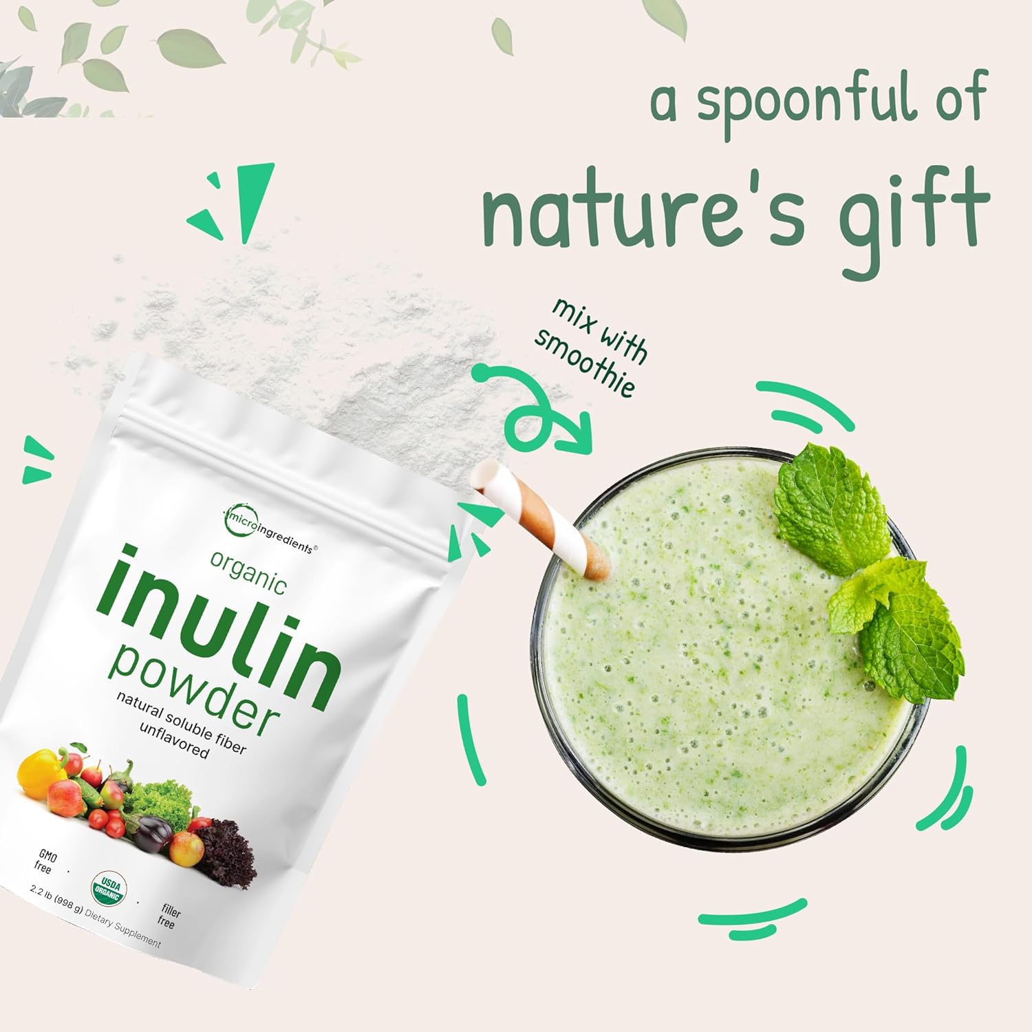 Micro Ingredients Organic Inulin FOS Fiber Powder, 2.2 lb | Quick Water-Soluble Prebiotic for Intestinal & Colon Health | Natural Fiber for Smoothies & Drinks | Vegan Friendly