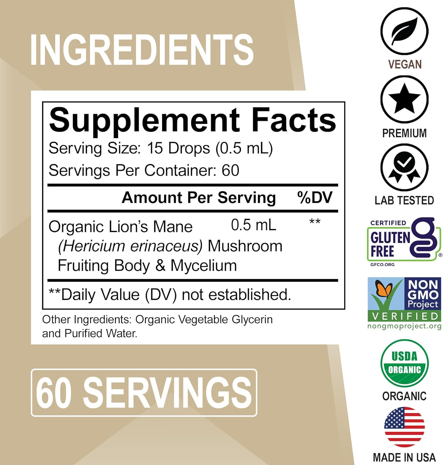 Lions Mane Mushroom Supplement Drops - Organic Lion's Mane Mushroom Liquid Tincture for Focus, Fog Brain Health Supplements - Vegan Herbal Nervine Nootropic Organic Lions Liquid Supplement Extract 1oz