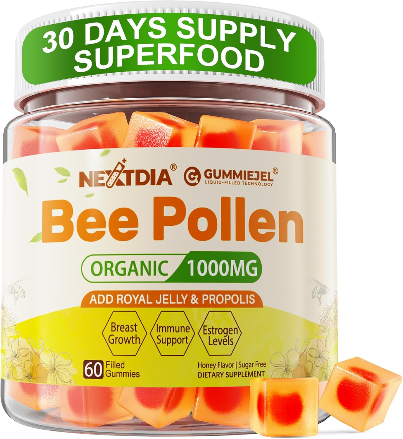 Bee Pollen Organic 1000mg, w/Propolis, Royal Jelly, Sugar Free Bee Pollen Gummies Rich in B-Vitamin, Antioxidants, Amino Acids, Bee Pollen Supplement for Energy, Skin & Immune (1 Pack)