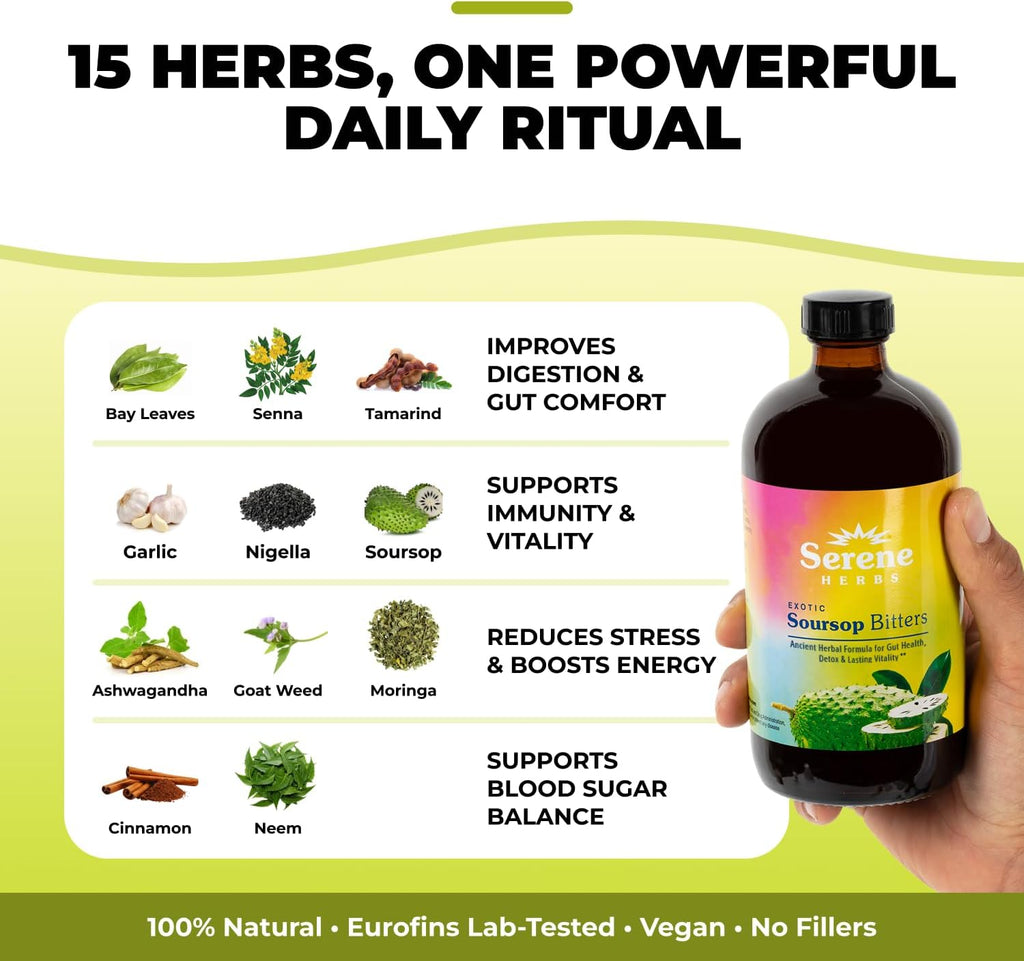 Serene Herbs - Soursop Bitters Liquid - Organic Herbal Guanabana Detox with Black Seed, Moringa & Ginger - Supports Digestive Wellness & Immune Function - 16 fl oz