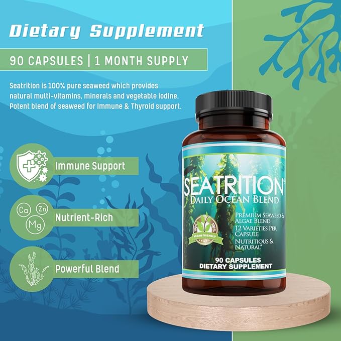 Seatrition Immune Thyroid Support Pure 12 Whole Seaweed Plants Vegan Friendly (6 Month Supply) Natural Multi Vitamin Sea Minerals Wholefood Nutrition Supplement 90 Veg Capsules - 6 Pack