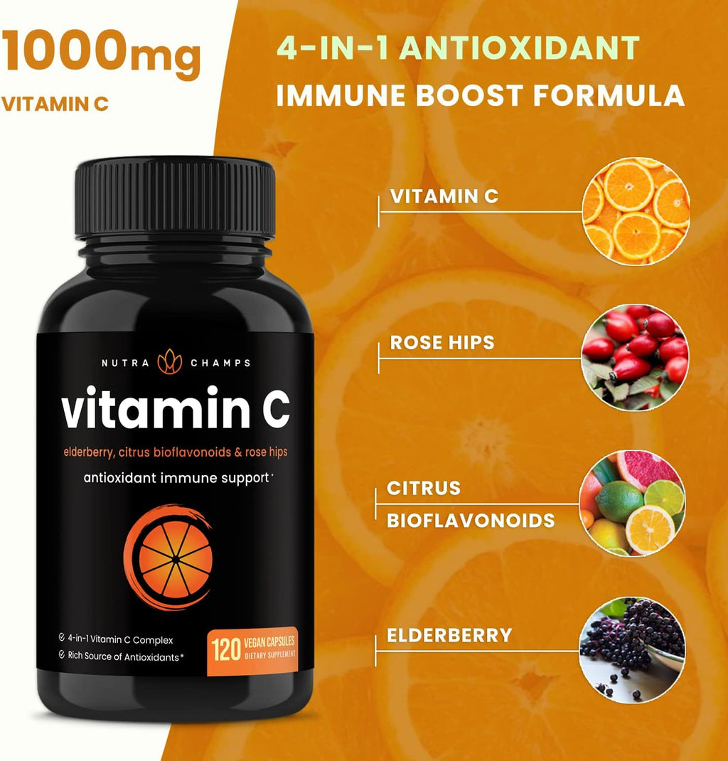 NutraChamps Vitamin C 1000mg with Rose HIPS, Vitamin C Supplement with Elderberry & Citrus Bioflavonoids, Kids Immune Boosting Supplement, 500mg Vitamin C Capsules Pill