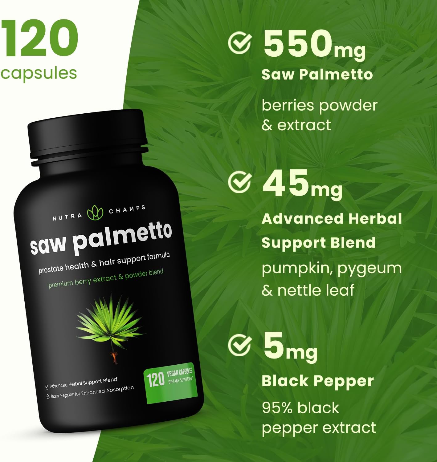 NutraChamps Saw Palmetto Supplement for Prostate Health [Extra Strength] 600mg Complex with Extract, Berry Powder & Herbs - Supports Healthy Urination Frequency, 120 Capsules