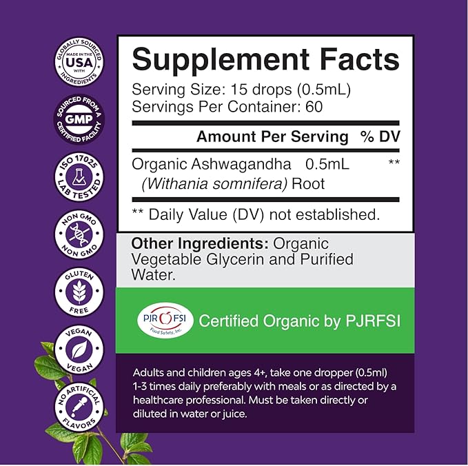 Natures Craft USDA Organic Ashwagandha Liquid Drops - Liquid Ashwagandha Root Extract for Stress and Mood Support - Tasty Adaptogenic Tincture Non GMO Vegan Gluten Alcohol and Sugar Free (2 Pack)
