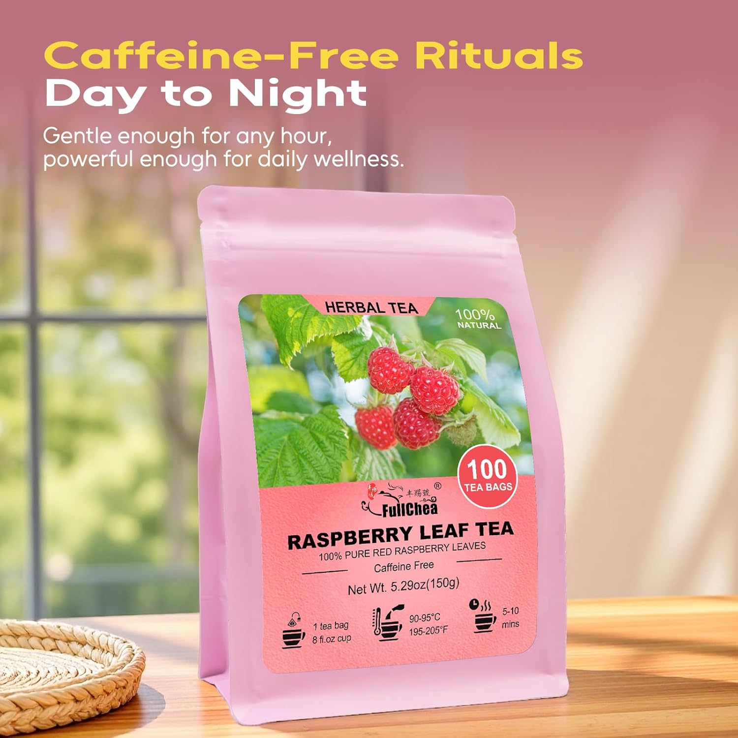 FullChea - Raspberry Leaf Tea Bag, 100 Count - Natural Pregnancy Tea for Women's Wellness, Menstrual Cycle & Uterine Health - Pure Red Raspberry Leaves - Non-GMO - Caffeine-free