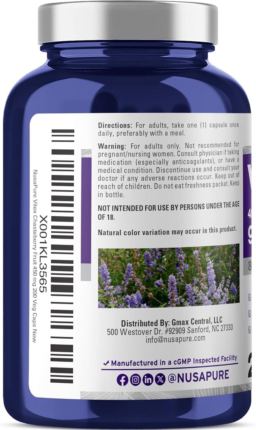 NusaPure Vitex Chasteberry Fruit 20:1 Extract, 450 mg Equivalent to 9,000 mg 200 Vegan Capsules - Non-GMO, Vegan Dietary Supplement