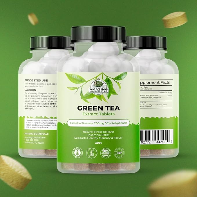 Amazing Botanicals Green Tea Extract Tablets - Camellia Sinensis, 200mg 50% Polyphenols | Daily Wellness Supplement | Non-GMO, Gluten Free - 30 Count
