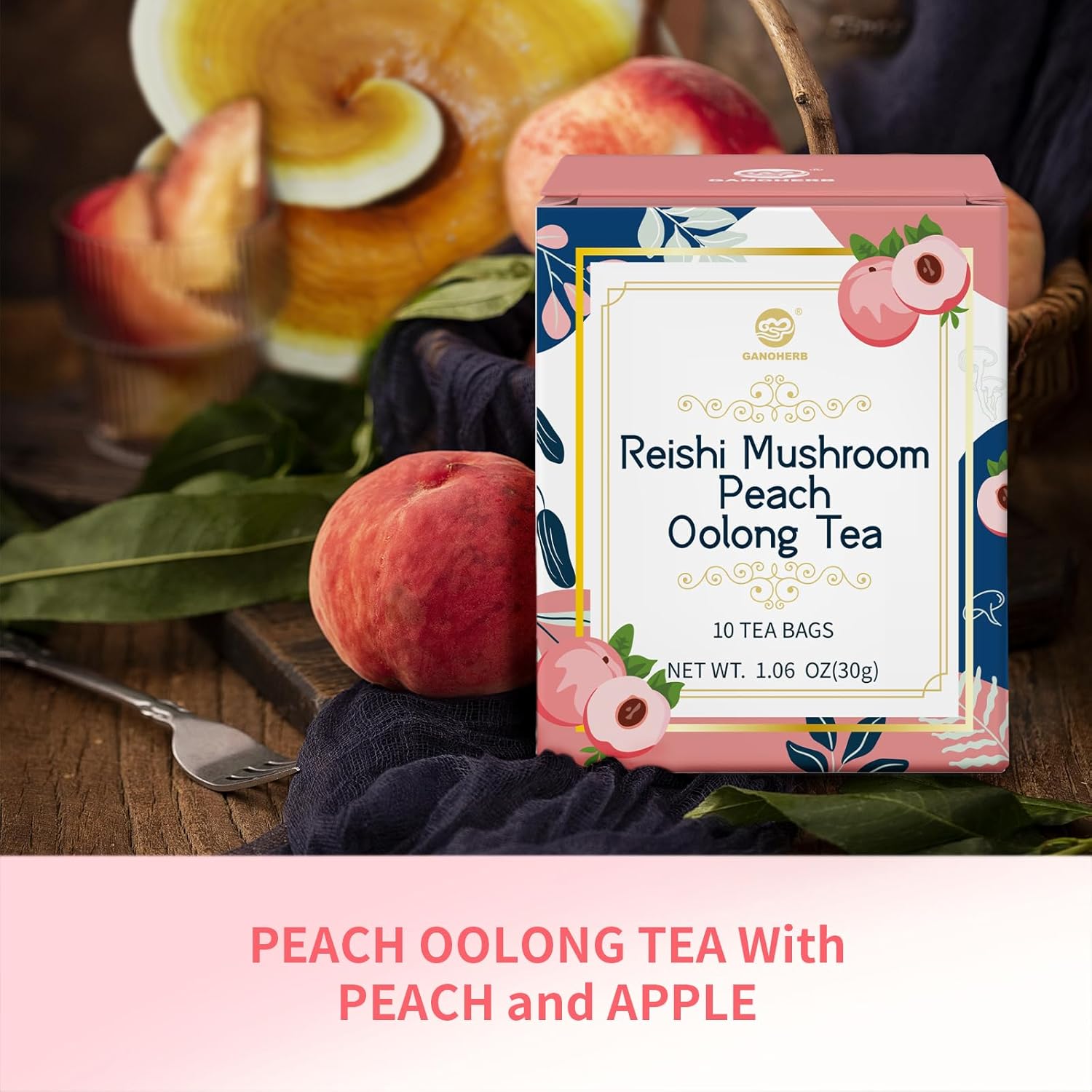 GANOHERB Reishi Mushroom Peach Oolong Tea, Adaptogen Ganoderma Lucidum Herbal Tea for Immune Health Boost, Stress Relief, Caffeine-Free, No Sugar, 1.06 OZ