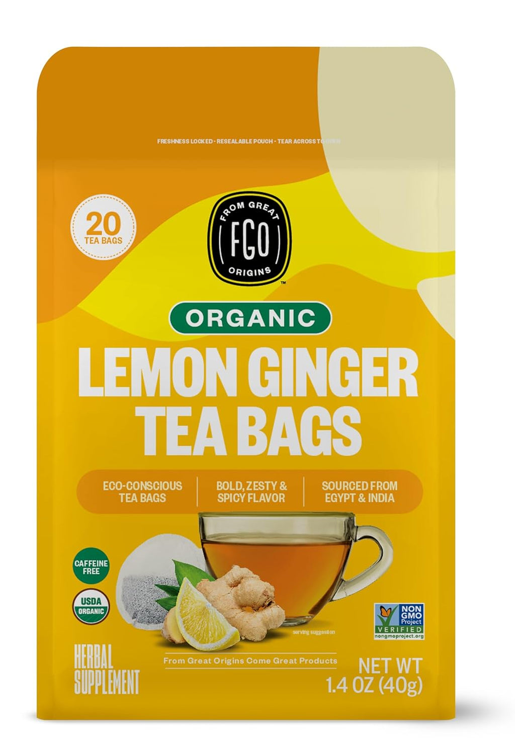 FGO Organic Lemon Ginger Tea, 20 Count, Eco-Conscious Herbal Tea Bags, Resealable Bag, Caffeine Free, Packaging May Vary (Pack of 1)