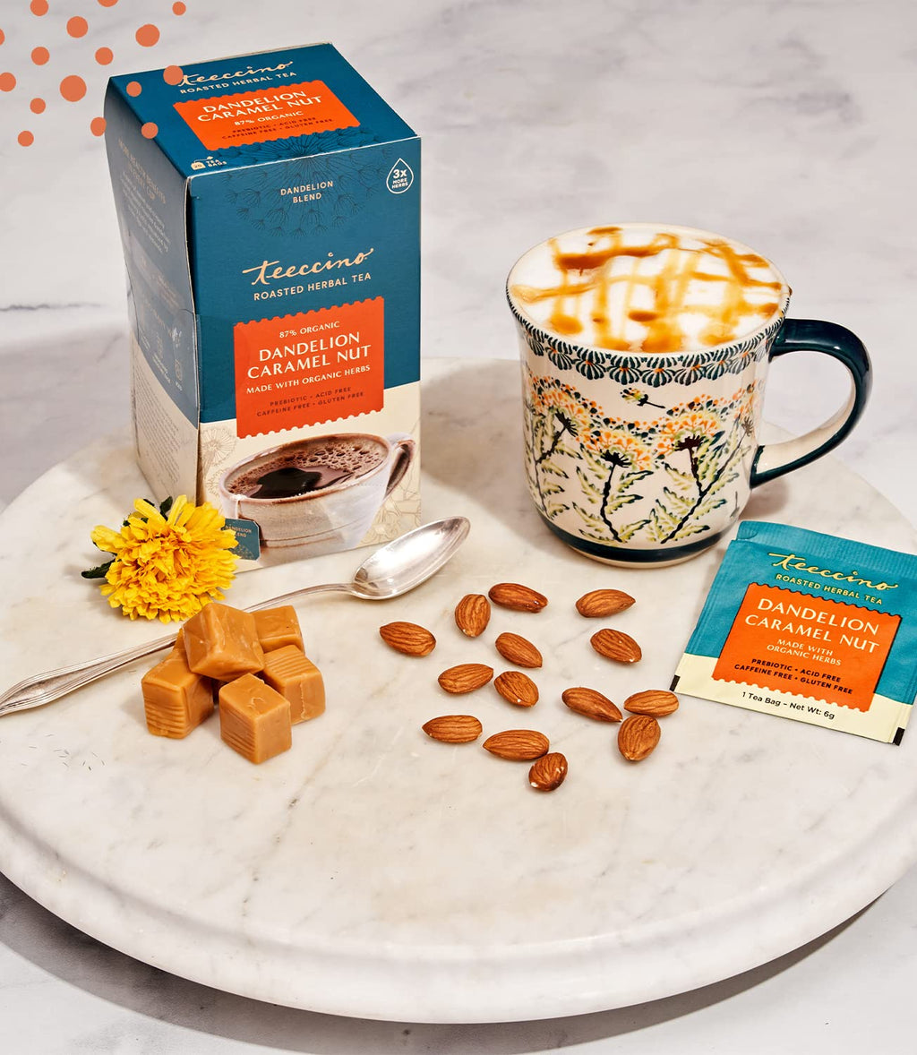 Teeccino Dandelion Tea – Caramel Nut - Roasted Herbal Tea | Organic Dandelion Root | Prebiotic | Caffeine Free | Gluten Free | Acid Free, Coffee Alternative, 10 Tea Bags