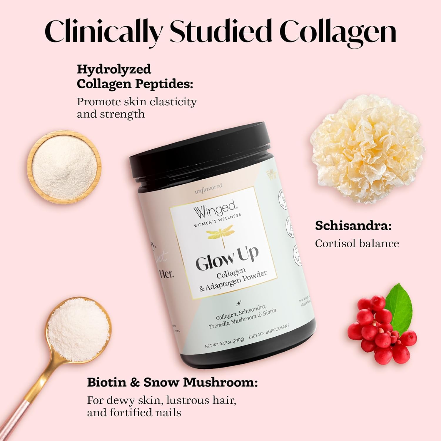 Winged Wellness Glow Up, Collagen Powder for Women - Hair, Skin & Nails Beauty Supplement with Grass-Fed Hydrolyzed Collagen Peptides Adaptogens, Vitamin C & Biotin – 3-Pack, Unflavored