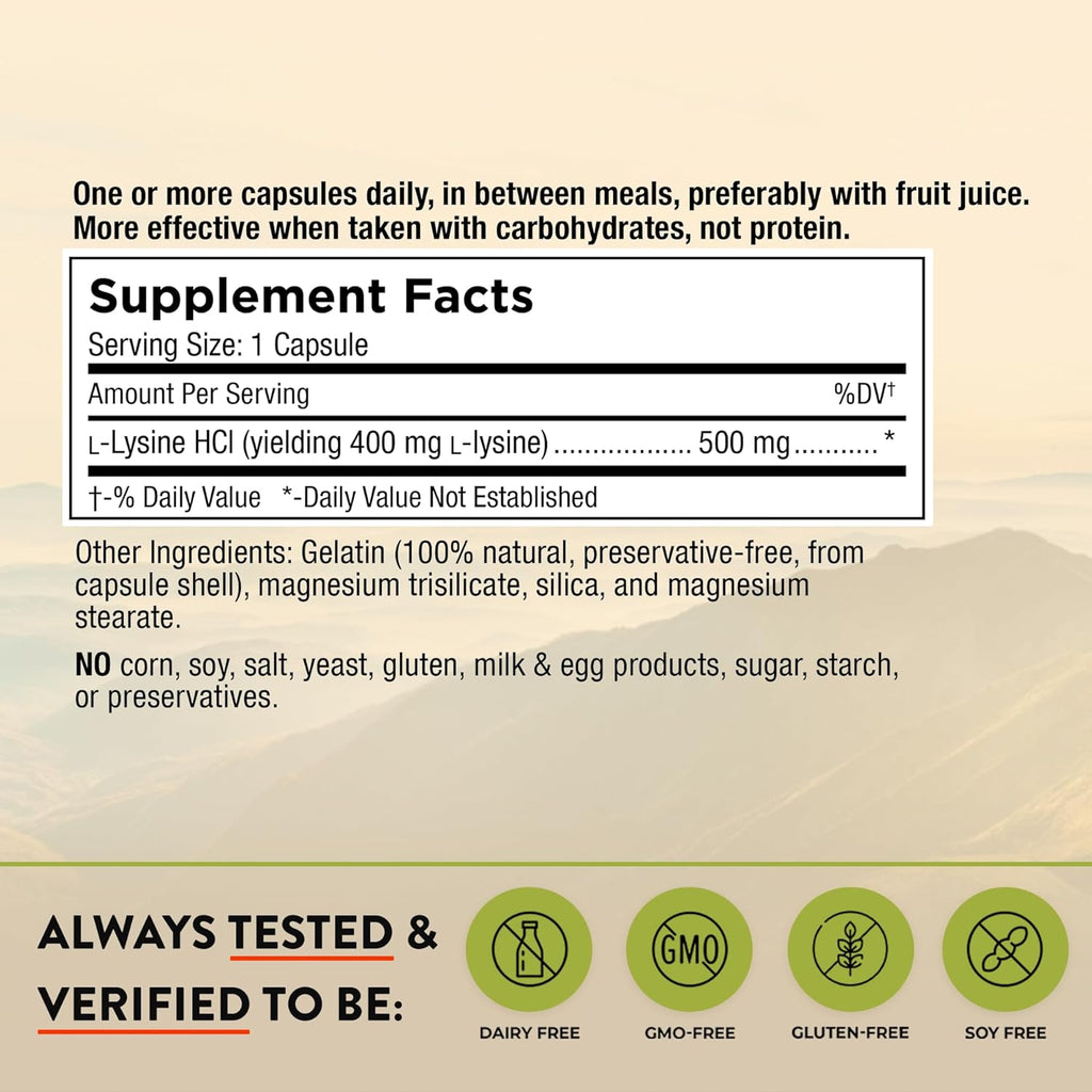 Mt. Angel Vitamins - Premium L-Lysine 500mg Capsules – Vegan-Friendly Essential Amino Acid – Supports Immune System & Collagen Formation – Non-GMO – 60 Capsules