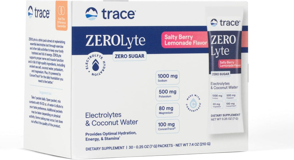 Trace Minerals ZeroLyte Salty Berry Lemonade Flavor - Sugar Free Electrolyte Drink Mix - Supports Hydration, Energy, Stamina - Ancient Sea Salt, Full Spectrum Minerals, Coconut Water - 30 Packets