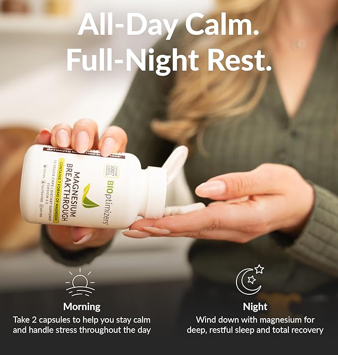 BIOptimizers Magnesium Breakthrough Supplement with 500mg - 7 Forms of Magnesium: Glycinate, Malate, Citrate, and More - Natural Support for Sleep and Cognitive Function -60 Capsules- Calming Vitamins