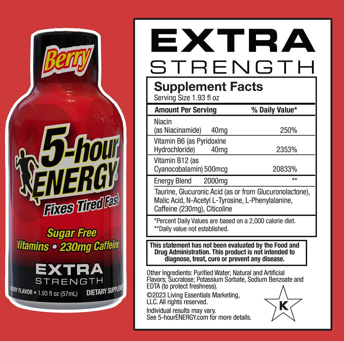 5-hour ENERGY Extra Strength Berry Energy Shot 1.93oz, 20-Pack – Sugar Free Caffeine Energy Booster with B-Vitamins & Amino Acids – Zero Calorie