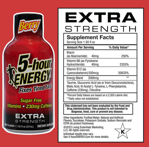 5-hour ENERGY Extra Strength Berry Energy Shot 1.93oz, 20-Pack – Sugar Free Caffeine Energy Booster with B-Vitamins & Amino Acids – Zero Calorie