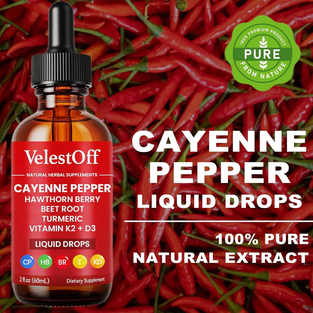 Cayenne Pepper Drops - VelestOff Cayenne Circulation Blood Pressure Blend - Cayenne Pepper Hawthorn Beet Root Turmeric Vitamin K2 D3-2 OZ (1 PCS)