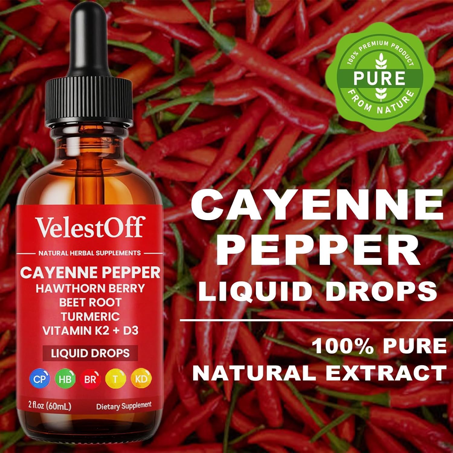 Cayenne Pepper Drops - VelestOff Cayenne Circulation Blood Pressure Blend - Cayenne Pepper Hawthorn Beet Root Turmeric Vitamin K2 D3-2 OZ (1 PCS)
